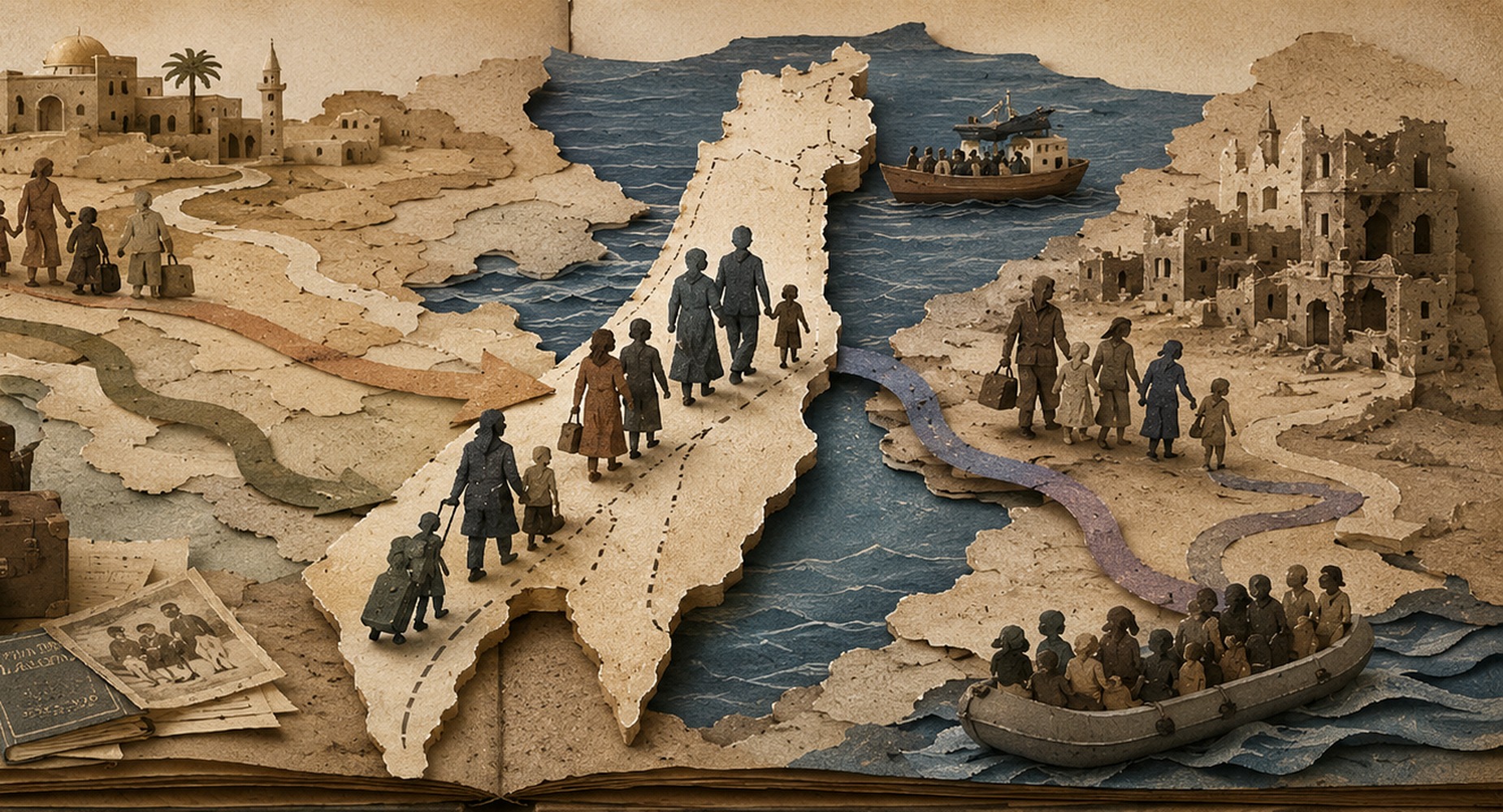 Paper-cut families travelling in different directions across a divided landscape