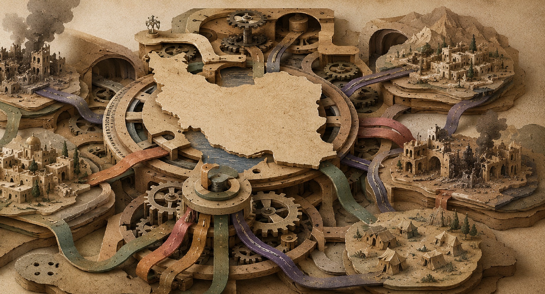 Paper-cut regional machine linking conflicts and pressure points around an empty centre