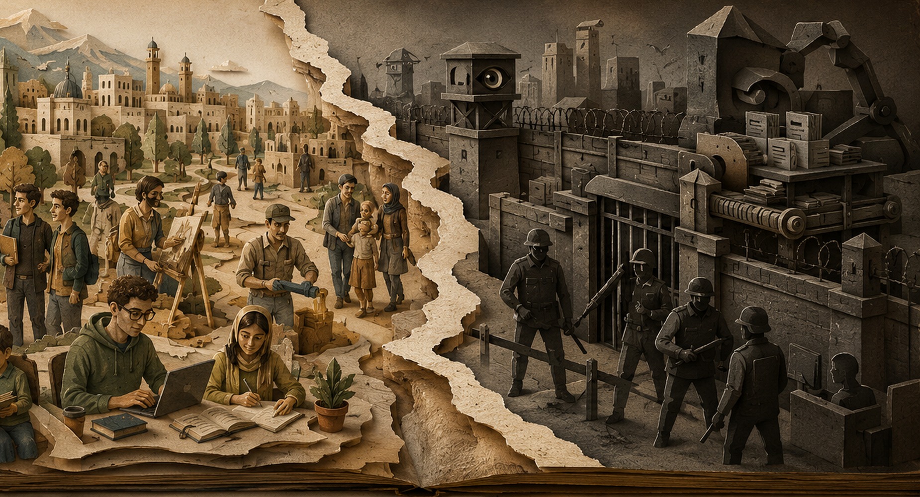Paper-cut scene contrasting everyday Iranian life with the machinery of state repression