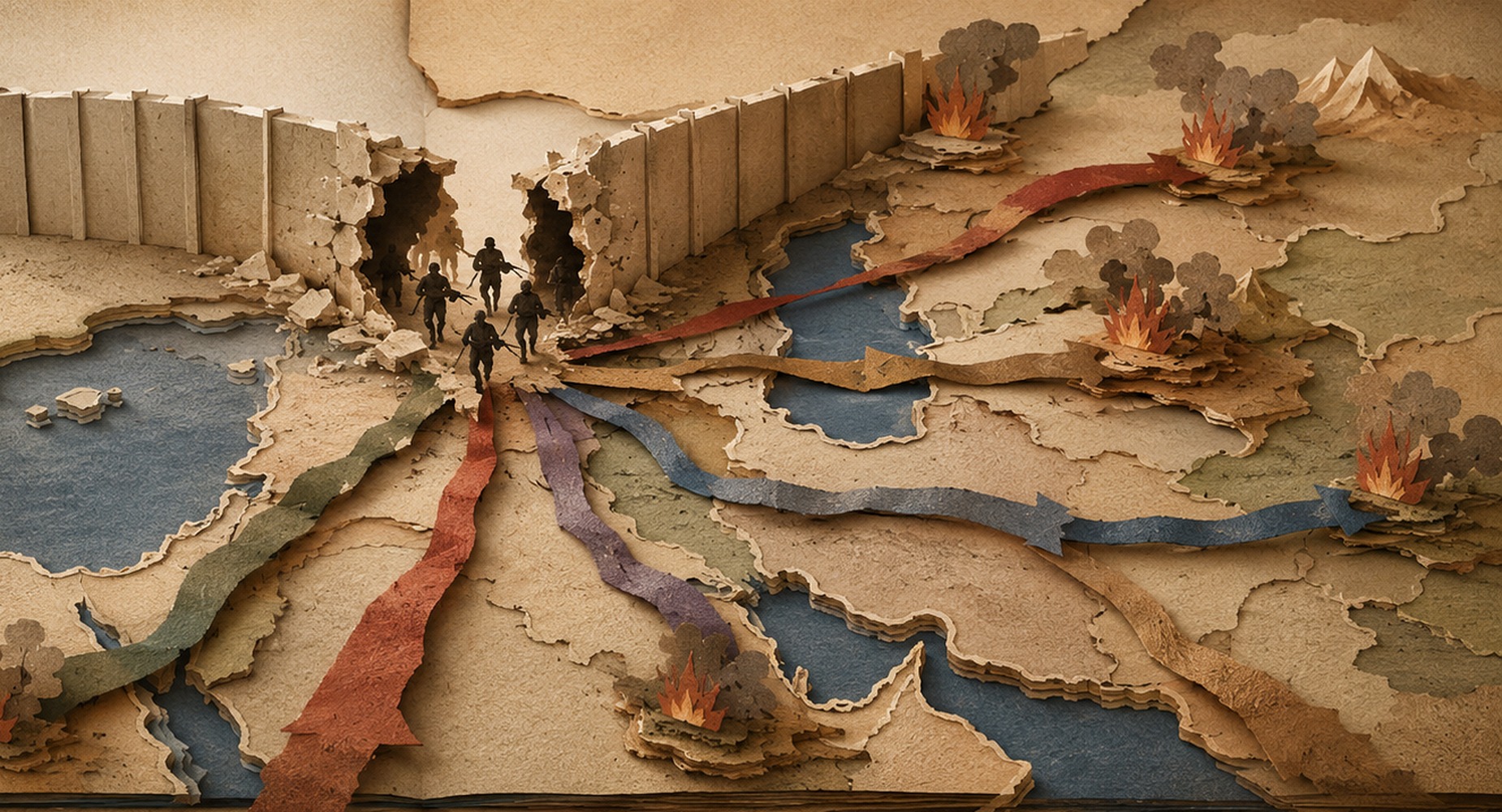 Paper-cut breached border with multiple burning paths spreading into a regional conflict