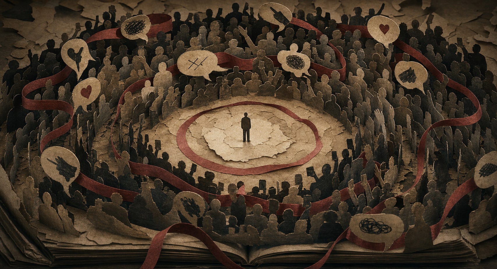An isolated paper figure surrounded by a vast crowd, phone screens and crimson ribbons of public approval